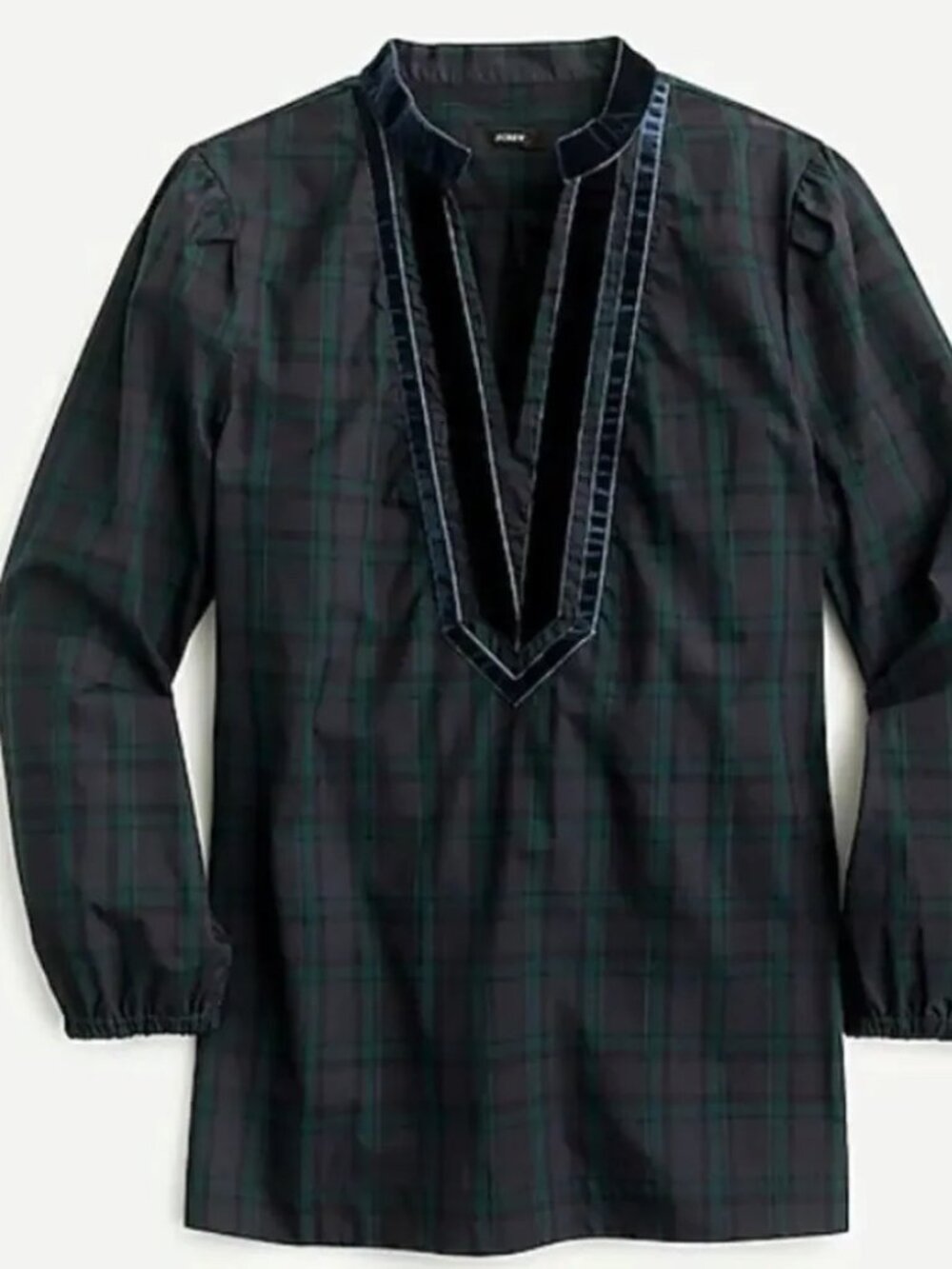 NWT J.Crew Black Watch Tartan Velvet Trim Tunic Top Small Plaid Holiday Blouse